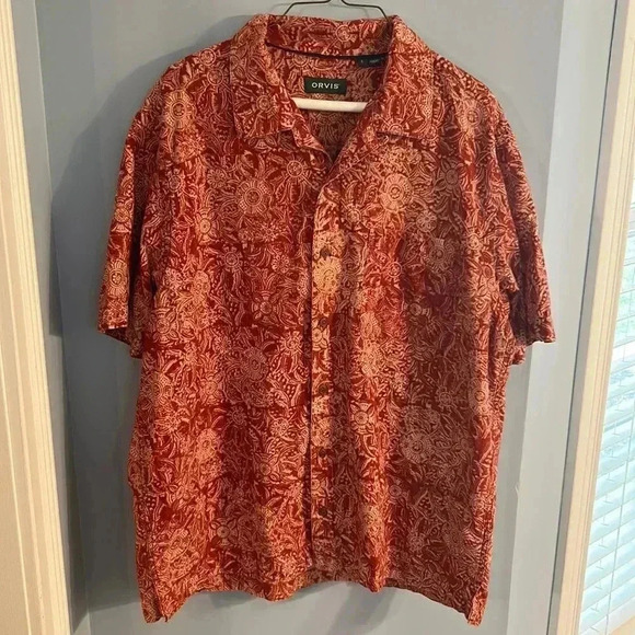 Orvis Shirt Large‎ Mens Kalamkari Block Print Floral SS Buttonup - Picture 1 of 5